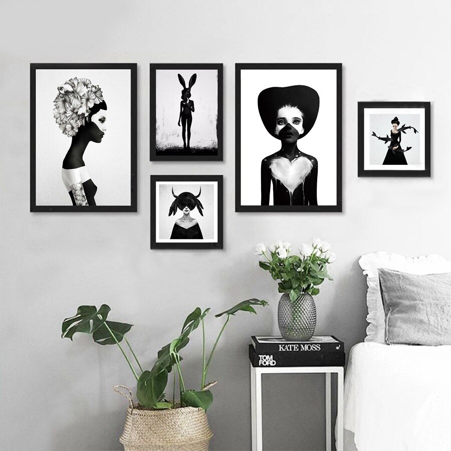 소녀 초상화 벽 그림 아트 캔버스 회화, 흑백 소녀 그림 포스터 현대 갤러리 인쇄 벽 장식